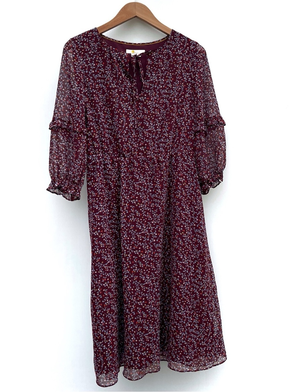 Boden Burgundy Floral Tie-Neck Long Sleeve Midi Dress